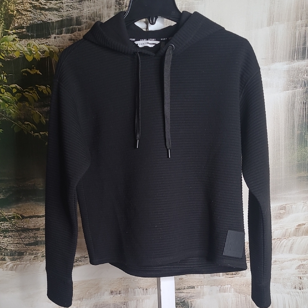DKNY Sport Womens Small black ribbed comfy long sleeve classic hoodie sweatshirt